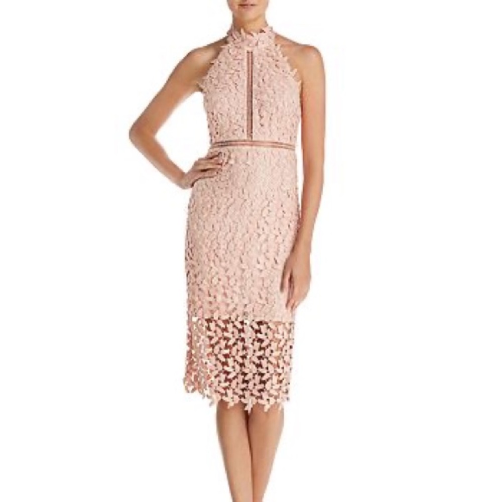 Bardot Halter Light Pink Lace Midi Dress